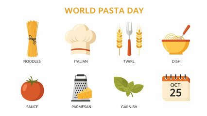 Graphic listing eight icons related to pasta ingredients and the date October 25
