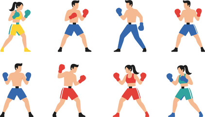 Boxing athlete character set featuring men and women fighters in action poses for sports, training, fitness and combat illustrations