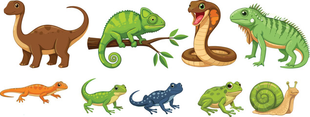 Cartoon reptiles and amphibians vector set featuring lizard, chameleon, snake, iguana, frog, salamander and snail illustrations