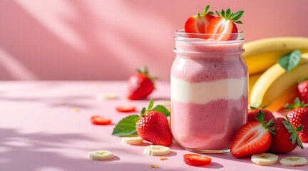 Layered Strawberry Banana Smoothie in Mason Jar with Fruits
