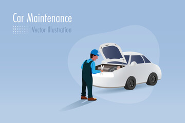 Car maintenance and repair service concept. Mechanician fixing and repairing car. Vector. 