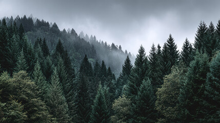 Fototapeta premium Moody forest landscape with green pine tree on mountain covered in thick fog. mysterious and atmospheric wilderness scene on cloudy day creating feeling of calm and solitude