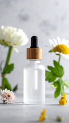 Frosted glass dropper bottle surrounded by flowers on a soft gray surface