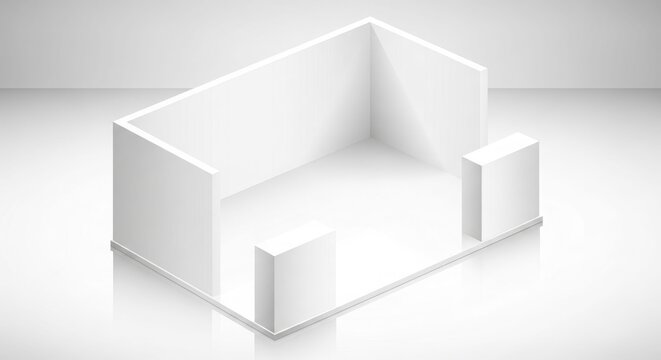 Minimal white exhibition booth 3D render mockup.