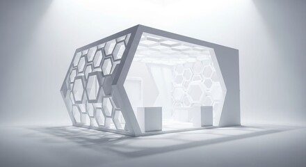 Futuristic white exhibition booth with hexagonal lattice structure.