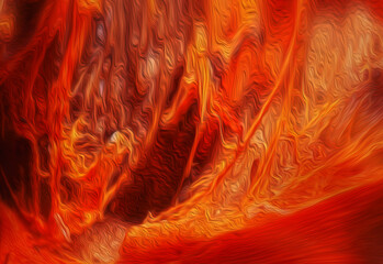 油絵風ブラシライン入りの鮮やかに猛り狂う炎が垂れるように溶解する抽象テクスチャー