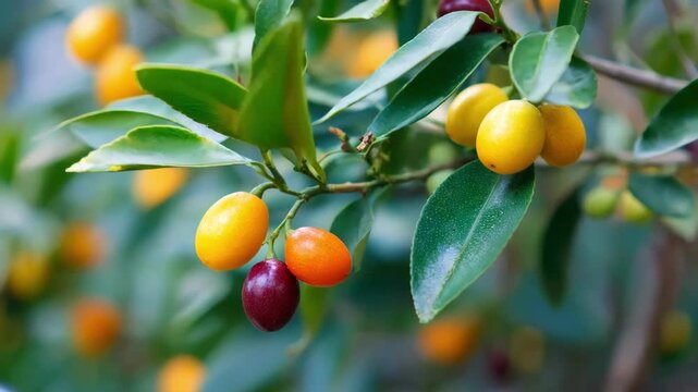 View of a compact kumquat tree with a mix of mature and developing fruits emphasizing the texture and shape variations of leaves and citrus berries.