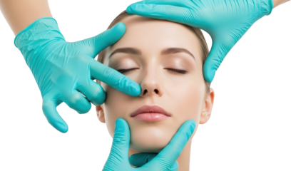 Close up of a woman's face with closed eyes hands in teal gloves gently touching her nose and chin Eyes closed transparent background