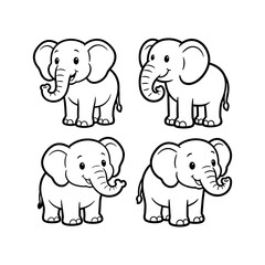 Naklejka premium A charming collection of adorable cartoon baby elephant outlines, perfect for children's coloring books, playful animal-themed designs, or fun educational art projects, featuring four distinct, endear