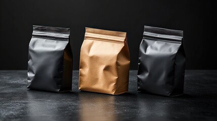Three sealed matte packaging bags in black and bronze colors standing upright on a dark textured surface against a dark background, minimalistic and modern