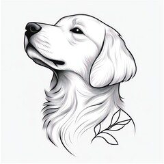 Black and white line art portrait of a calm dog with long fur and detailed shading looking upwards with a small leafy branch near its neck