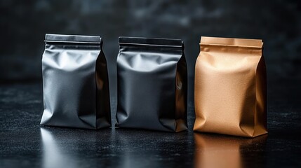 Three sealed matte metallic bags in silver, black, and bronze colors standing on a dark reflective surface with soft focused background