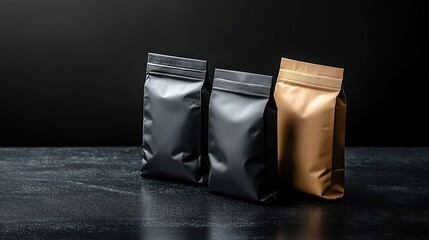Three matte finish foil stand-up pouches in black and gold colors arranged on a dark textured surface with a dark background, showcasing product packaging