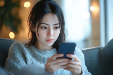 Young woman sitting on gray couch indoors looking intently at smartphone with soft lighting and blurred background