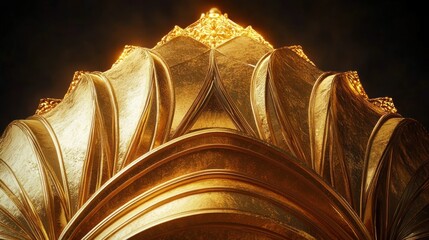 Close-up view of an ornate golden architectural structure with intricate patterns glowing warmly against a dark background