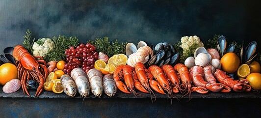 Abundance of fresh seafood including lobster, prawns, mussels, fish, and shellfish artfully arranged with lemons, grapes, and herbs on a dark rustic surface