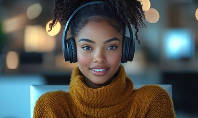 Young woman with curly hair wearing a cozy brown sweater and black headphones smiling warmly in an indoor setting with soft focused lights in the background