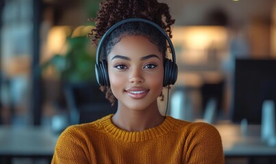 Young woman with curly hair wearing headphones and an orange sweater smiling warmly in a cozy indoor setting