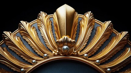 ornate golden decorative element with detailed feather motifs and metallic spheres on a dark background