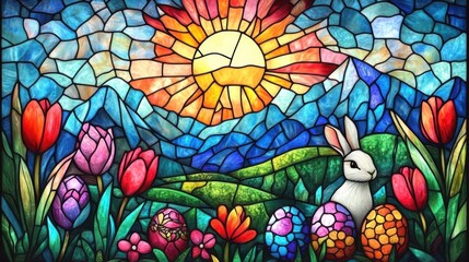 Colorful stained glass window depicting a bright sun over blue mountains with green hills, vibrant tulips, decorated Easter eggs, and a white rabbit in a spring landscape