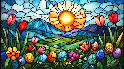 Colorful stained glass artwork depicting a bright sun over blue mountains with green rolling hills, vibrant tulips, various flowers, and decorated Easter eggs in the foreground