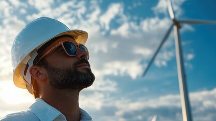 Bearded man wearing sunglasses and a white safety helmet looking up thoughtfully with wind turbines in the background under a partly cloudy sky at sunset