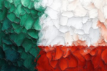 Abstract textured painting featuring green, white, and red brushstrokes blending together with a rough surface appearance