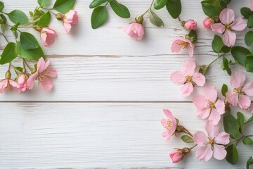 Delicate light pink cherry blossom flowers with green leaves arranged on white wooden background creating a fresh and calming atmosphere