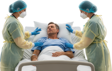 Medical professionals in protective gear attend to a male patient lying in a hospital bed isolate doctor