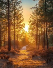 Obraz premium Sunlit forest path with tall pine trees casting golden light and long shadows during sunrise or sunset creating a serene and peaceful atmosphere