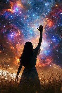 Silhouette of a woman reaching up towards a vibrant, colorful cosmic sky filled with stars and nebulae over a grassy field at dusk, evoking wonder and awe