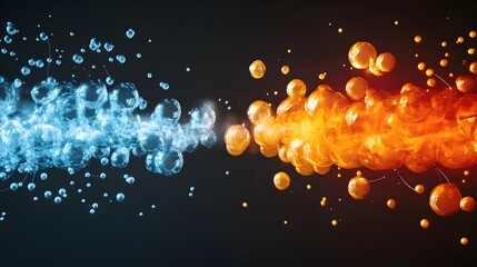 Abstract visualization of contrasting blue cold energy spheres meeting vibrant orange hot particles in dynamic dark space