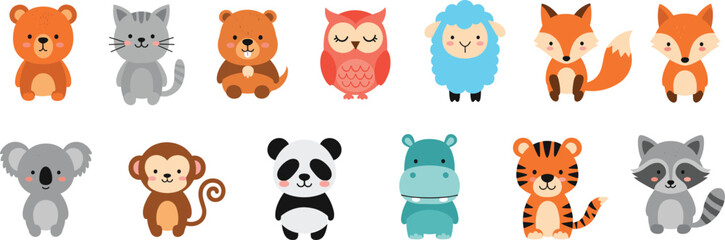 Cute animal character vector set featuring adorable woodland and wild creatures, perfect for kids illustrations, stickers, toys and design projects © Sumon Creative