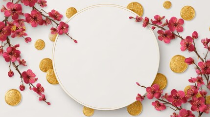 circular frame of plum blossoms and gold coins