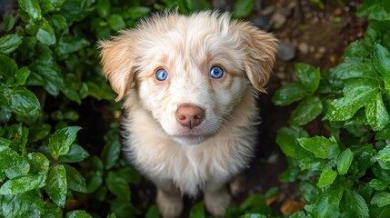 Close-up of a fluffy cream and white puppy with striking blue eyes looking up surrounded by green leaves outdoors