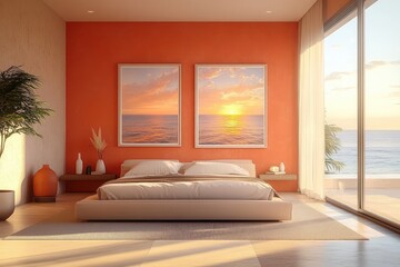 Modern bedroom with large bed, orange accent wall, ocean sunset framed pictures, indoor plants, and sliding glass door opening to ocean view balcony with sunlight streaming in