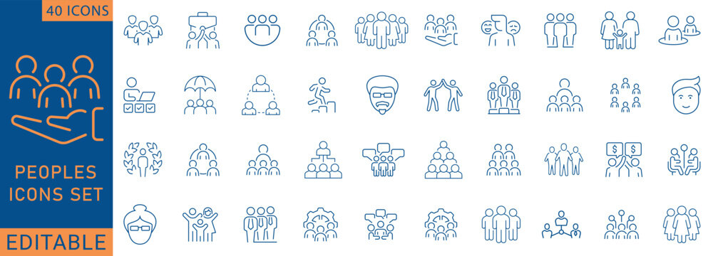 People icon set. Containing group, team, human, family, community, friends, population and more. Outline Icon Collection. Fully  Editable. Vector illustration.