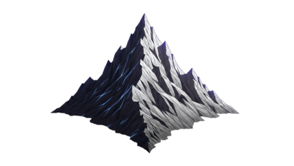 Detailed 3D illustration of a majestic mountain range with rugged terrain, rendered in dark and light gray tones, isolated on transparent background