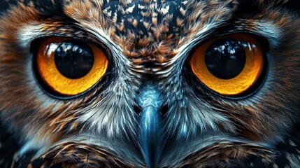 Close-up of a powerful owl face with intense yellow eyes and detailed textured feathers showing sharp beak and strong gaze