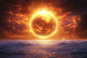 A fiery, glowing sun radiating intense light and heat above a turbulent ocean under a dramatic, cloud-filled sky with stars visible in the background