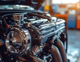 Fototapeta premium Close-up of powerful, chrome-detailed car engine in a repair shop