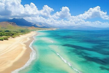 Fototapeta premium Expansive tropical beach with golden sand, clear turquoise water, lush greenery, distant mountains under a bright blue sky filled with fluffy white clouds