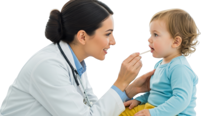 Smiling doctor examining a young child's throat with a tongue depressor isolate examination medical healthcare
