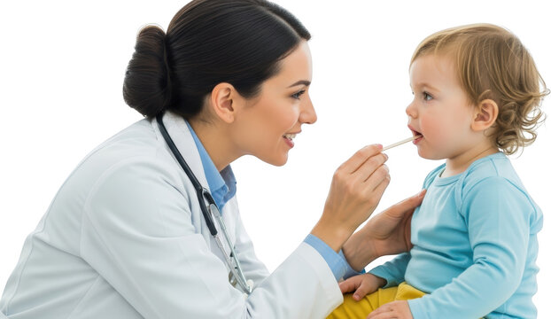 Smiling doctor examining a young child's throat with a tongue depressor isolate examination medical healthcare