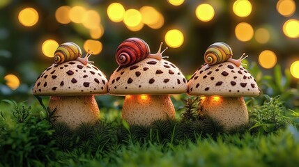 Three snails with colorful shells sitting on spotted mushrooms glowing softly with warm light in a lush green forest setting with blurred golden bokeh background