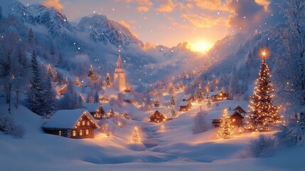 Peaceful snowy village at sunset with warmly lit houses, decorated Christmas trees, tall mountain backdrop, and glowing sky creating a festive winter atmosphere