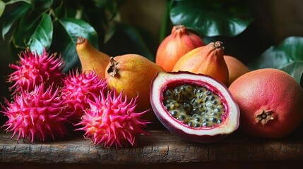 assortment of exotic tropical fruits including spiky pink fruits, pears with textured skin, and a halved fruit revealing black seeds in juicy pulp on rustic wooden surface with green leaves background