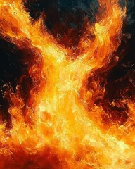 Obraz premium Vivid orange and yellow flames dancing against a dark background resembling a fiery phoenix rising with intense heat and motion