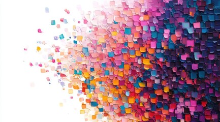 Abstract colorful mosaic with small square tiles dispersing from a dense cluster, featuring vibrant pink, orange, blue, purple, and yellow hues conveying energy and movement