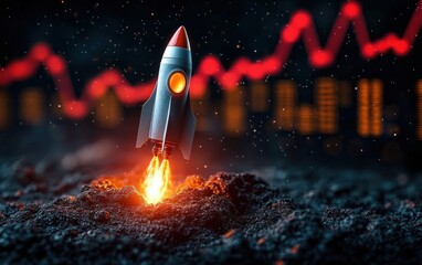 Small rocket launching from dark surface with fiery flames and glowing window against blurred red and orange financial graph background conveying growth and progress